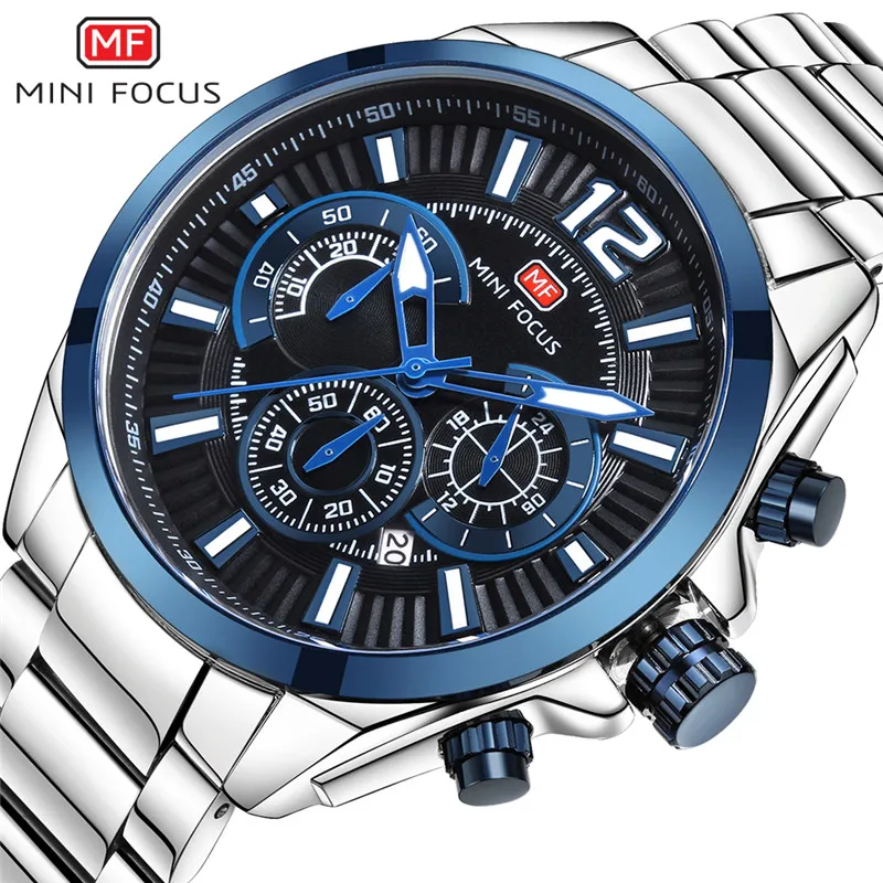 

MINIFOCUS Men Watch Top Luxury Brand Chronograph Date Mens Watches Military Army Sport Stainless Steel Quartz Male Clock 0104