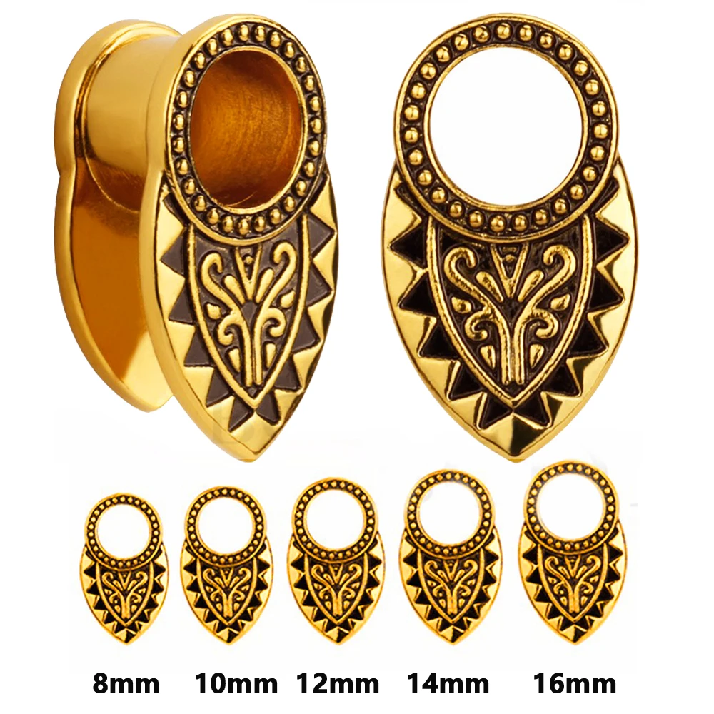 

Showlove-1Pair Stainless Steel Tribal Gold Den Ear Gauges Ear Weight Ear Plug Tunnel Ear Expander Body Piercing Jewelry 8mm-16mm
