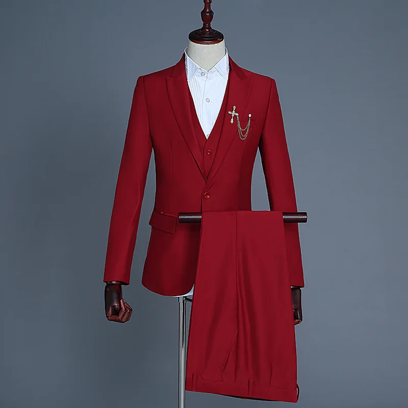Деловые костюмы для мужчин, длинный рукав, платье для мужчин, s, Повседневный, выпускной, однотонный костюм, приталенный, розовый, дизайнерская одежда, комплект из трех предметов, пальто, брюки - Цвет: Dark Red