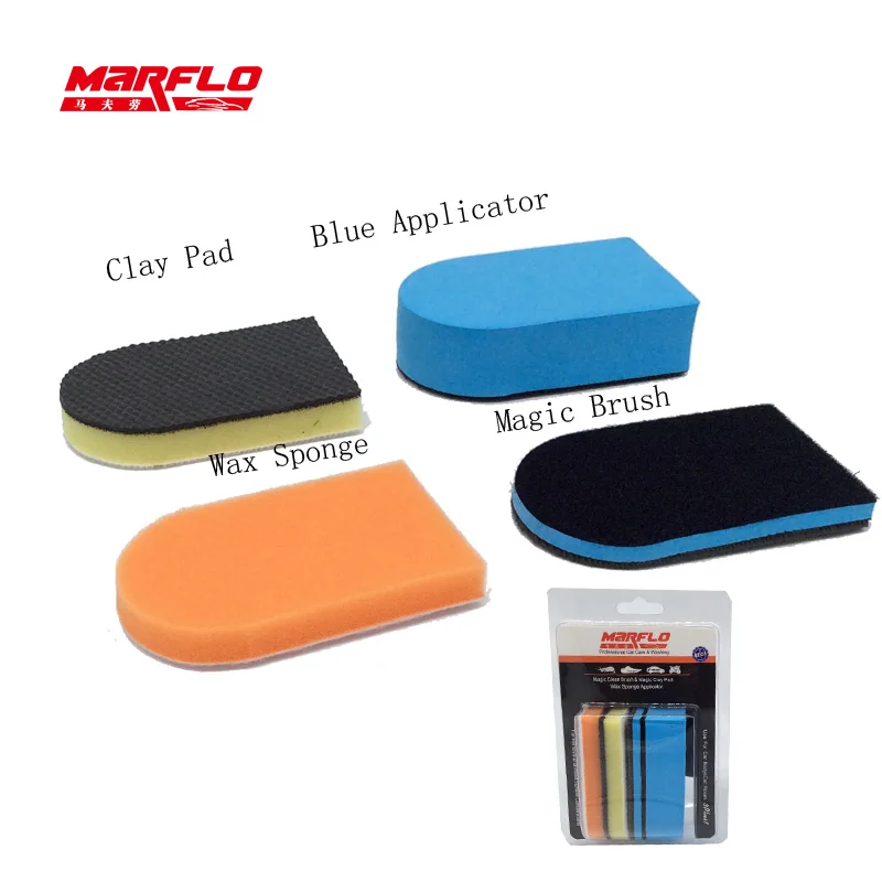 MARFLO Car Wash Mud Magic Clay Pad Wax Sponge Block Clean Brush with Applicator 3 plus 1