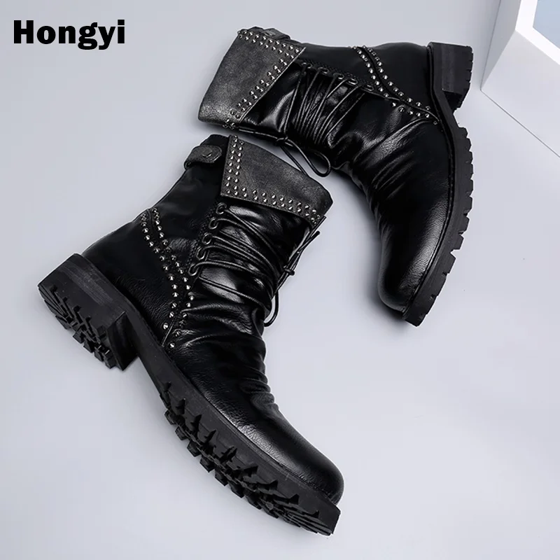 Side Homens Metal Da Color De Baixo Up Boots Zipper À Ankle Showed Designer Feitos As Motocicleta Lace Do Dos Novos Botas Salto Couro Mão vqOZdv4