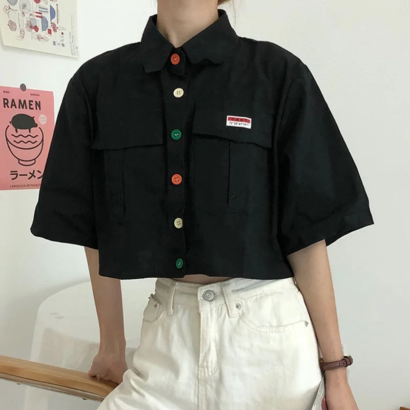 Женская рубашка 2019 Harajuku короткий рукав поло воротник Повседневный хлопок топик Девушки Мода Письмо Вышивка Blusas Femininas