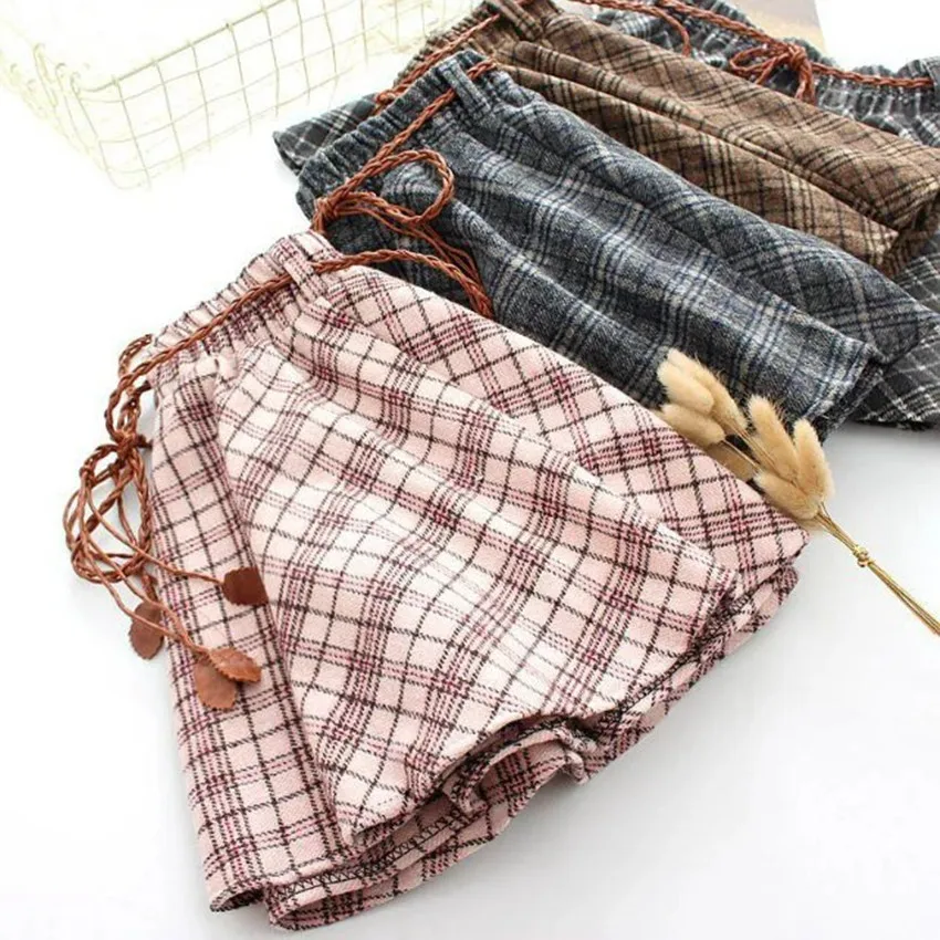 

Spring new Women Plaid Thin Woolen Short Skirt Elastic Waist with Sashes Young girls Preppy styles Korea Fashion Skirts