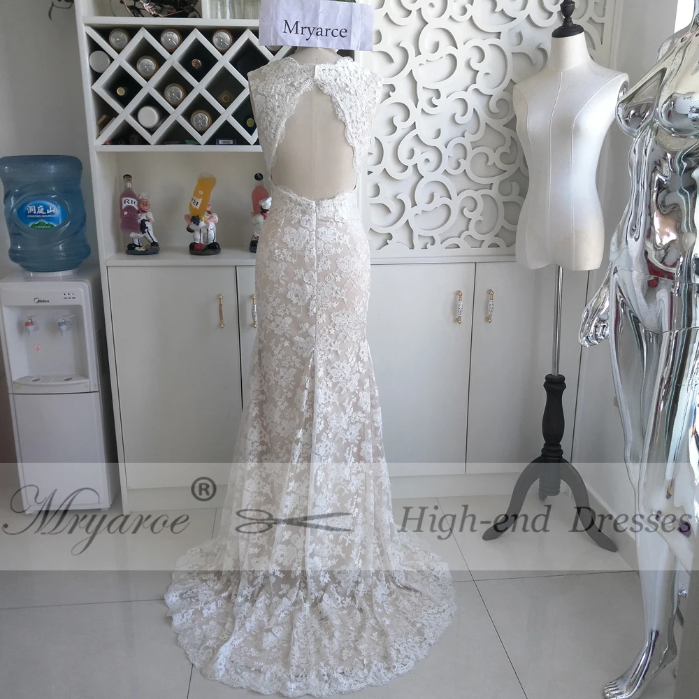 Vintage Lace Mermaid Wedding Dresses Open Back Bridal Gowns With Cap Sleeves Keyhole Dress vestido de noiva de renda (2)