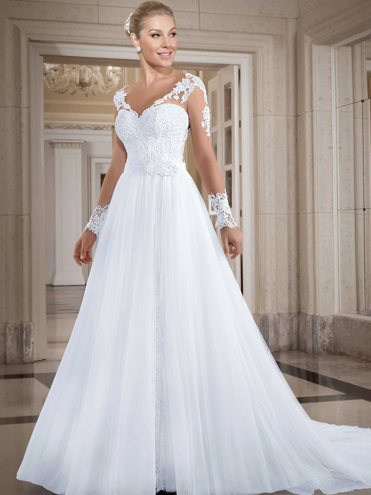 Modest Detachable Skirt Wedding Dress A Line Tulle Long Sleeve Bridal