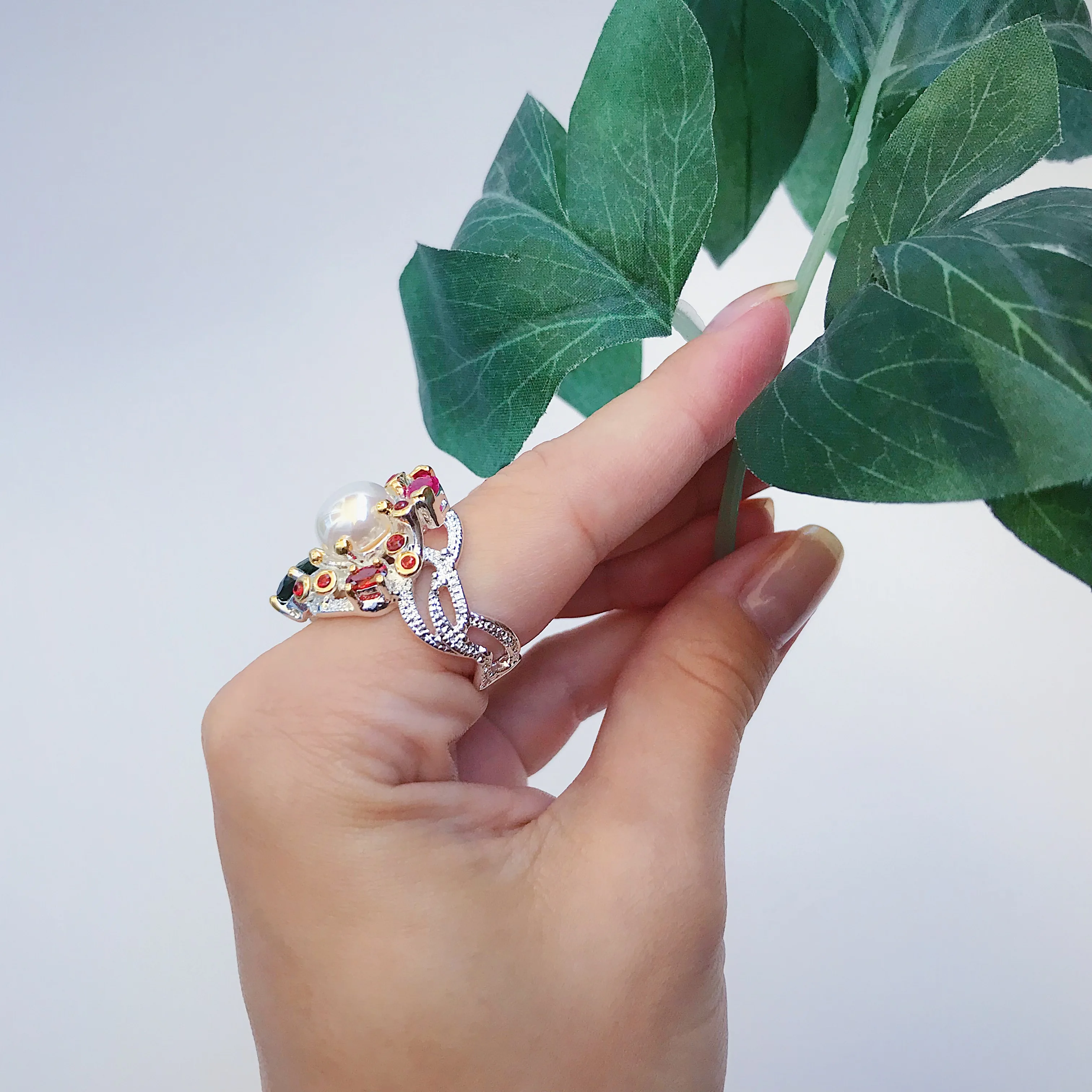 Best Buy Fashion Ring with Pearl Multi colorful stone Black Gold-color Fashion Unique Design Party Anniversary Gift Ring