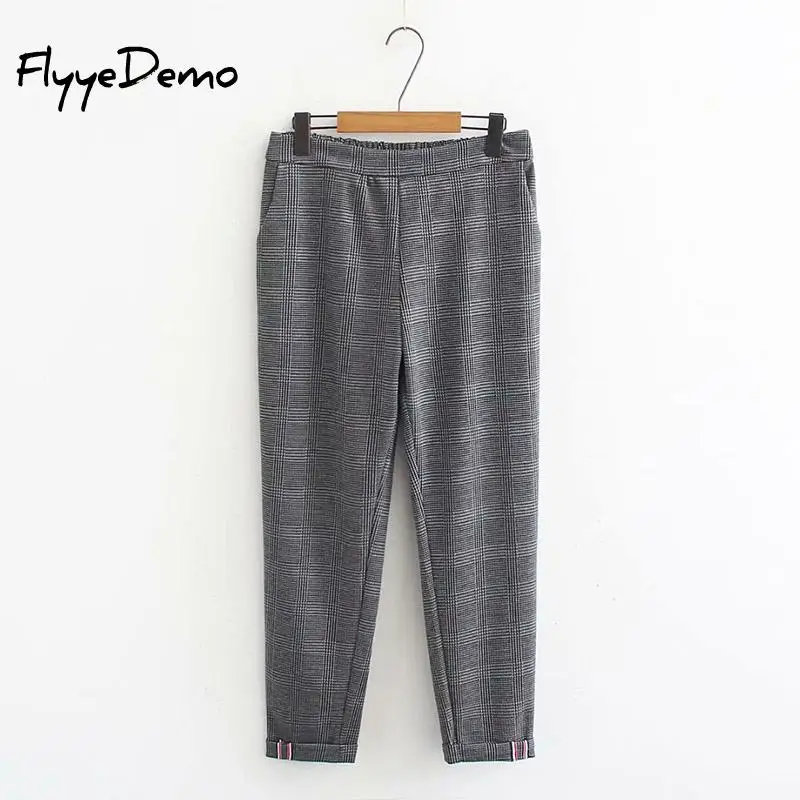 High Waisted Grey Plaid Pants Women Causal Autumn Trousers Women Business OL Pants Female Pocket
