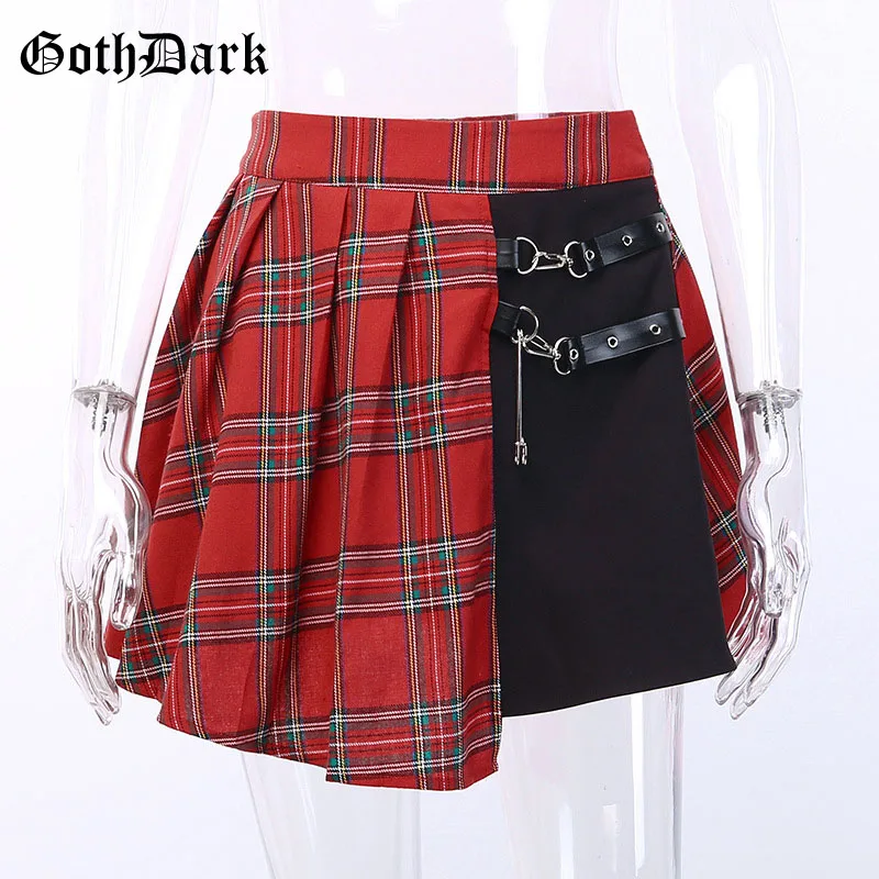 Goth Dark Red Plaid Punk Gothic Skirts Patchwork Rivet Belt Pleated Asymmetrical Belt Grunge Women's Skirt Fall2019 Fashion Sexy - Цвет: red