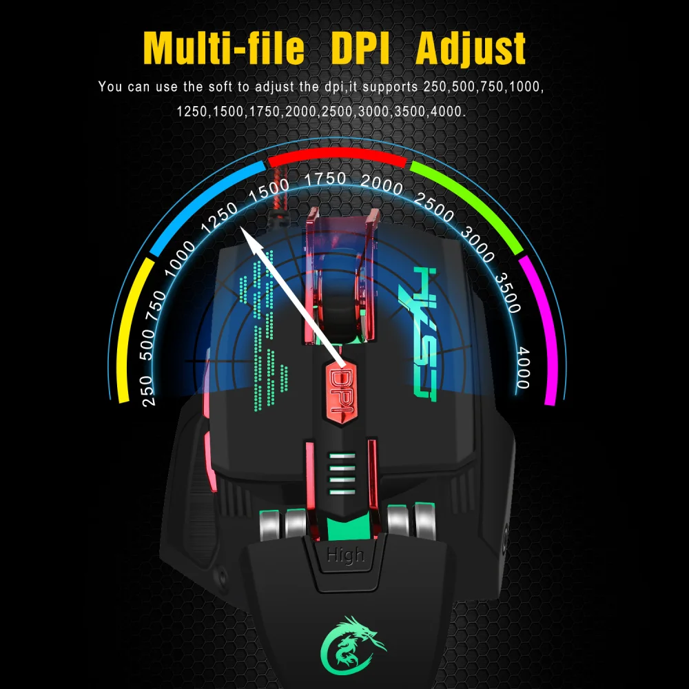 HXSJ 7 клавиш Макросъемка игровая мышь Четырехцветная светящаяся мышь 4000 точек/дюйм две руки и конфигурация вес регулируется
