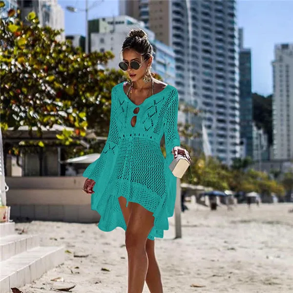 Вязаный крючком кружевной купальник, Пляжное Платье, женский летний купальник, пляжная одежда, туника, бикини, блузка - Цвет: Green Beach Cover Up
