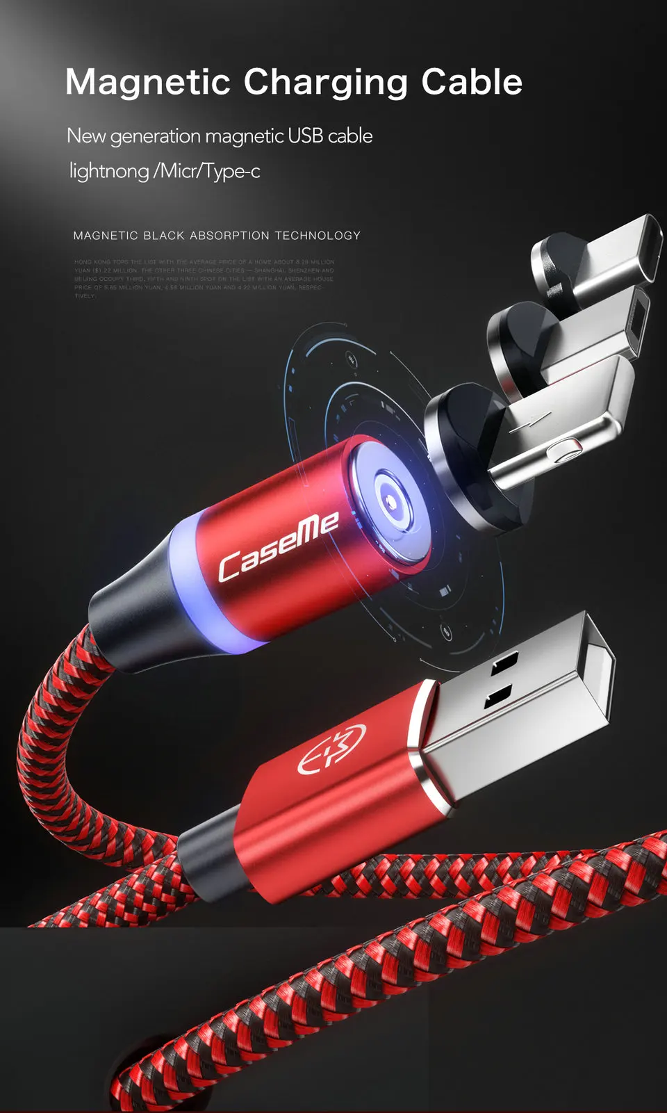 CaseMe светодиодный кабель с магнитной адсорбцией для кабеля типа C Micro USB для быстрой зарядки 3 в 1 нейлоновый провод съемный магнитный кабель для телефона
