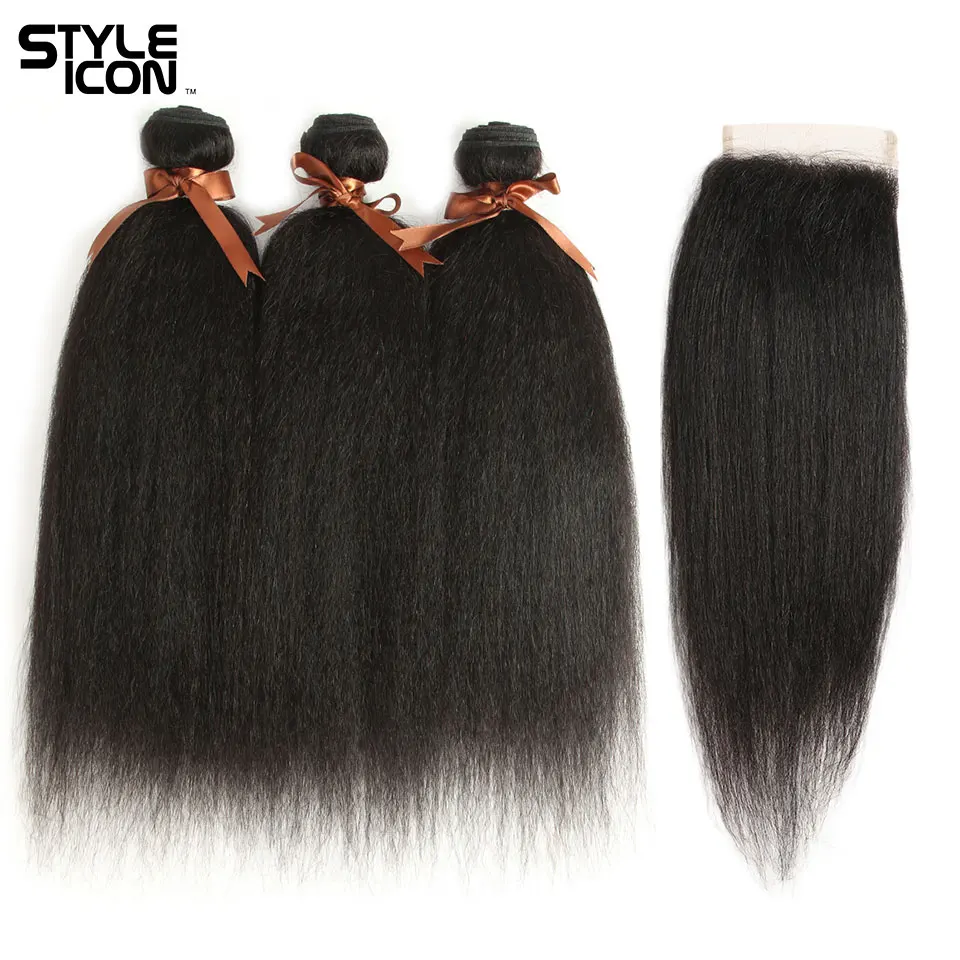 

Styleicon Yaki Straight Hair Weaving with Closure 100% Human Hair Extensions with Lace Closure Indian Yaki Hair Weaves Non-Remy