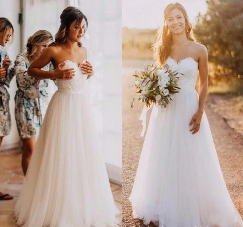 Custom Made 2019 Sexy Tulle Long Top Lace Dresses for Wedding Party Summer Boho Bridal Dress Beach Wedding Gowns robe de mariage