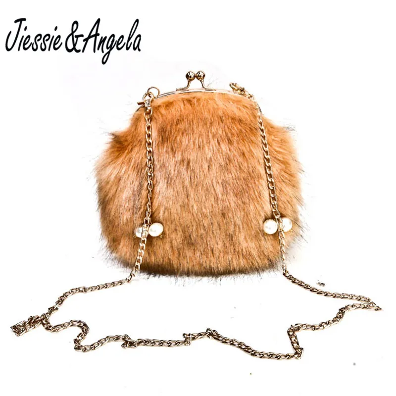 

Jiessie & Angela Winter Women Faux Fur Women Handbag Metal Gold Chain Shoulder Small Female Handbags For Ladies Messenger Bags