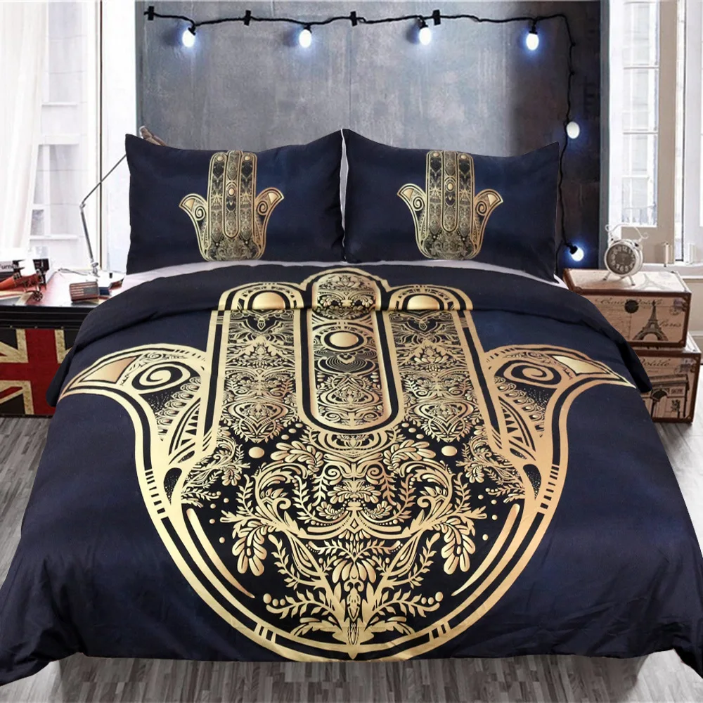 

Printed Hamsa Hand Bedding Set Queen King 3d Comforter Bedding Sets Bronzing Black Duvet Cover Bedclothes Home Textiles 3-Piece
