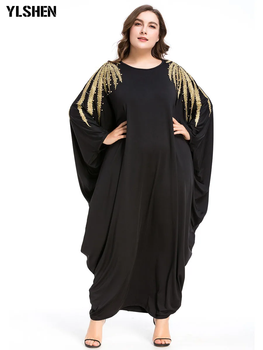 Свободное Moslim abaya Дубай стиль мусульманское черное платье рукав летучая мышь Бисероплетение кафтан исламские макси платья Исламская одежда