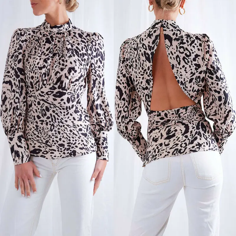 

New Women Casual Leopard High Collar Long Sleeve Backless Blouse Tops Shirt