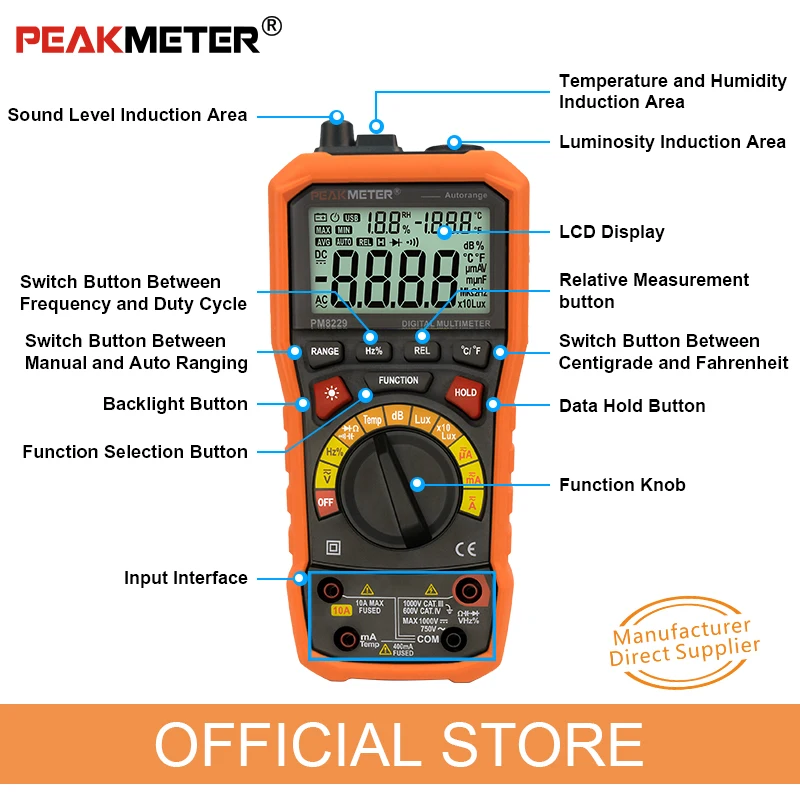 Goedkoop PEAKMETER PM8229 5 in 1 Auto Digitale Multimeter Met multifunctionele Lux Sound Level Frequentie Temperatuur Vochtigheid Tester Meter