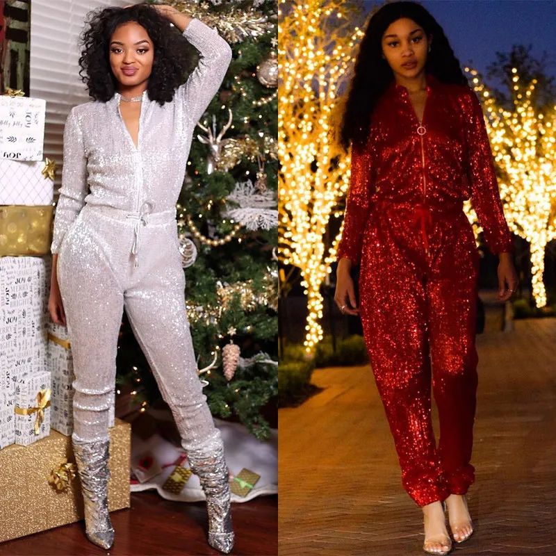 2018 Bandage Sexy Sequin Jumpsuit Women Zipper Long Sleeve Rompers ...