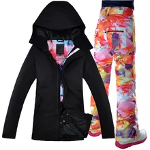 GSOU лыжный костюм для женщин, черное пальто, ветронепроницаемая дышащая водонепроницаемая куртка для сноуборда+ штаны, комплект теплой одежды