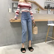 Ботильоны Длина джинсы для Для женщин Chic Высокая Талия джинсовые хлопчатобумажные джинсы свободные Прямые Джинсы женские#1937