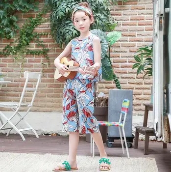 

2019 Korean style girls 2 pcs set vest+wide pants fashion spring girls suit 6-11t A896