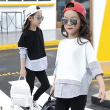 Stripes Patched Kids Girls Blouse Long-sleeve Shirt for Girls Tops and Blouses 2017 Fall New Teenage Girls Clothes White Black