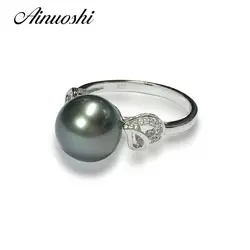 AINUOSHI стерлингового серебра 925 желтый кольцо в форме сердца черный культивированный жемчуг Таити 9 мм круглый жемчуг Для женщин Обручение