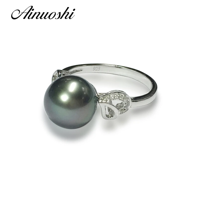 

AINUOSHI 925 Sterling Silver Yellow Heart Shaped Ring Black Cultured Pearl Tahiti 9mm Round Pearl Women Engagement Rings Jewelry