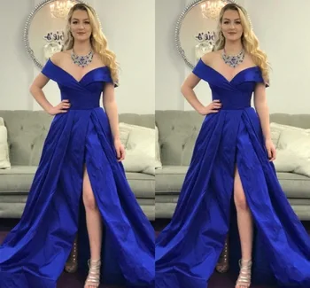 

Sexy Royal Blue Off Shoulder Prom Dresses 2020 A-Line Satin Front Split Long Formal Party Dress Evening Gowns vestidos de noiva
