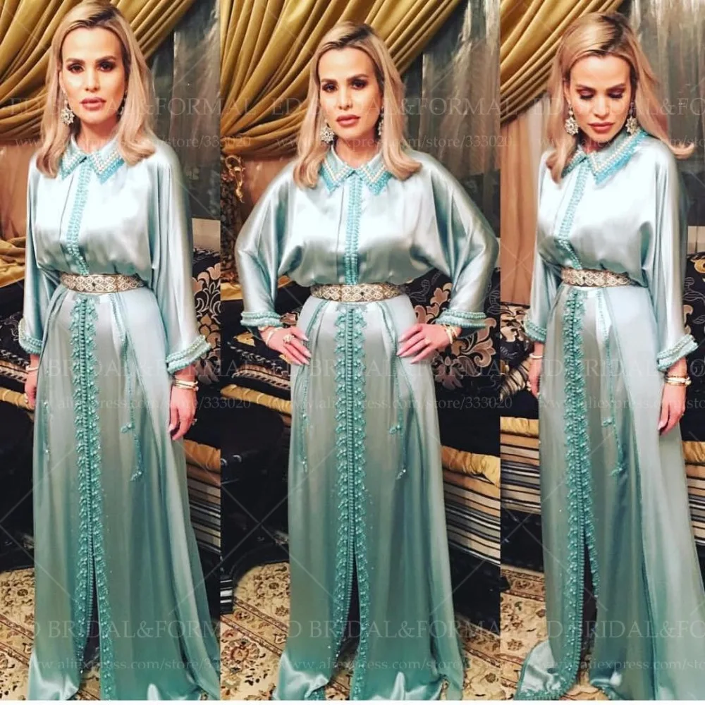 Modest Moroccan Kaftan Abaya Long Sleeves Satin High Neck font b Hijab b font Muslim Evening