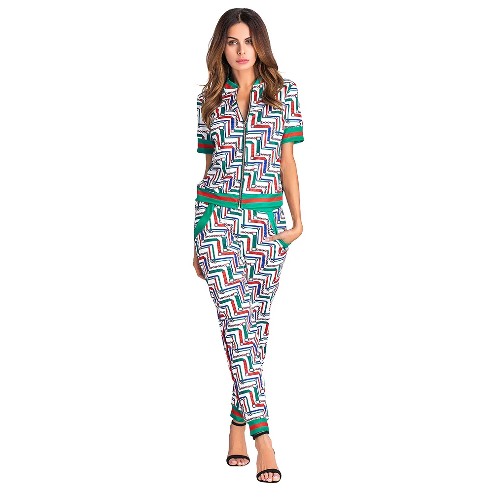 Aletterhin Women 3D Print Striped 2 Pieces Jumpsuit Summer Short Sleeve