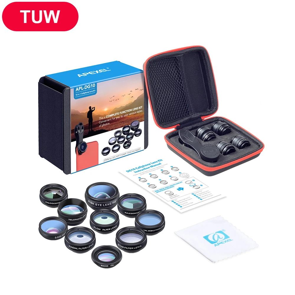

APEXEL 10in1 Phone camera Lens Kit Fisheye Wide Angle macro 2X telescope Lens for iphone xiaomi samsung galaxy android phones