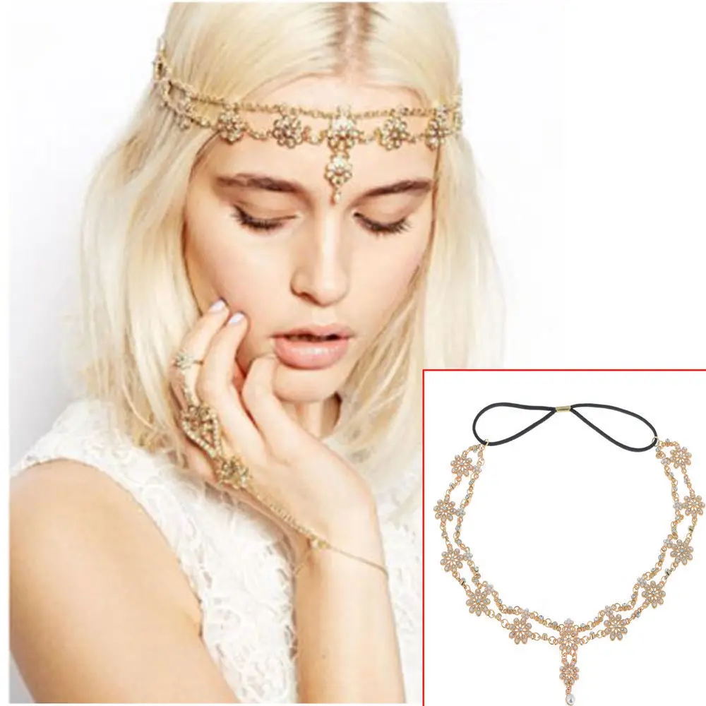 Горячая мода, украшение для волос в стиле барокко, индийский, бохо, цветок, голова, цепочка, жемчужные бусы, платье, головной убор для женщин, ювелирные изделия, аксессуары