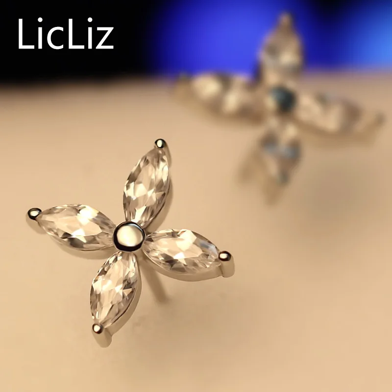 LicLiz 925 пробы серебряные серьги гвоздики с цветком женские четырьмя лепестками и