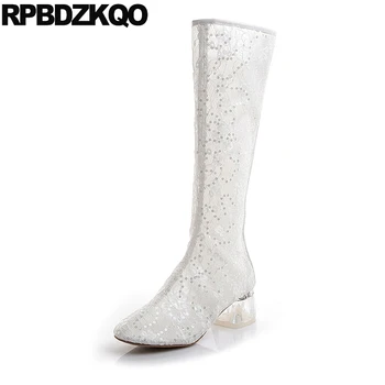 

Sandals Boots Chunky Slim White Wedding High Heel Handmade Women Flower Cut Out Shoes Lace Sequin Mesh Bridal Knee Glitter Sexy