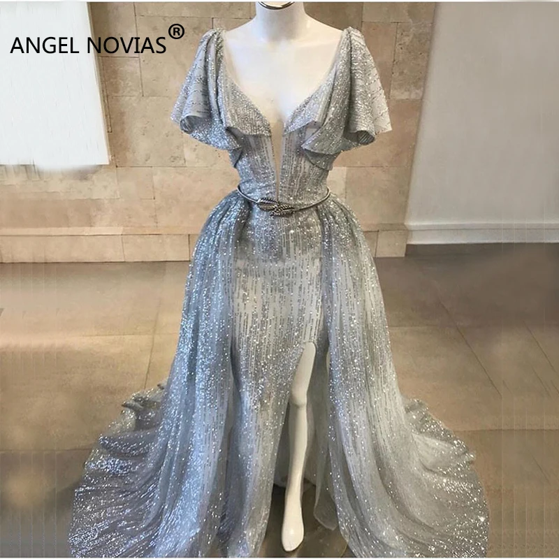 Женское длинное серебряное платье ANGEL NOVIAS элегантное арабское вечернее с юбкой