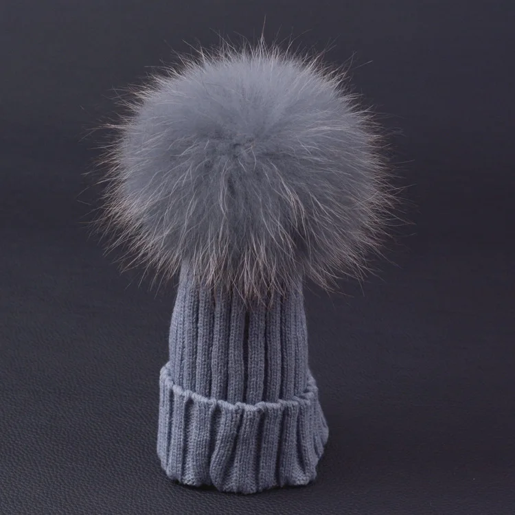 

1-7 years grey white pink orange boys girls autumn winter baby hat kids beanies children Real  Raccoon Fur Pompom Knit Hat Cap