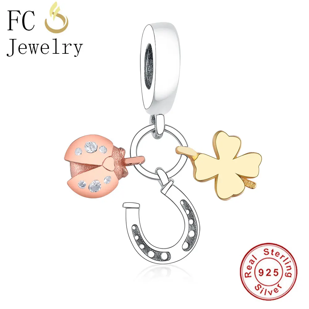 

FC Jewelry Fit Original Pandora Charm Bracelet 925 Sterling Silver Clover Rose Gold Color Ladybug Crystal Bead Making Berloque