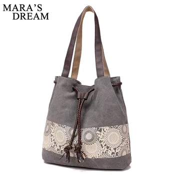

Mara's Dream 2019 New One-shoulder Portable Canvas Bags Fashion National Wind Print Flower Bucket Drawstring Bag