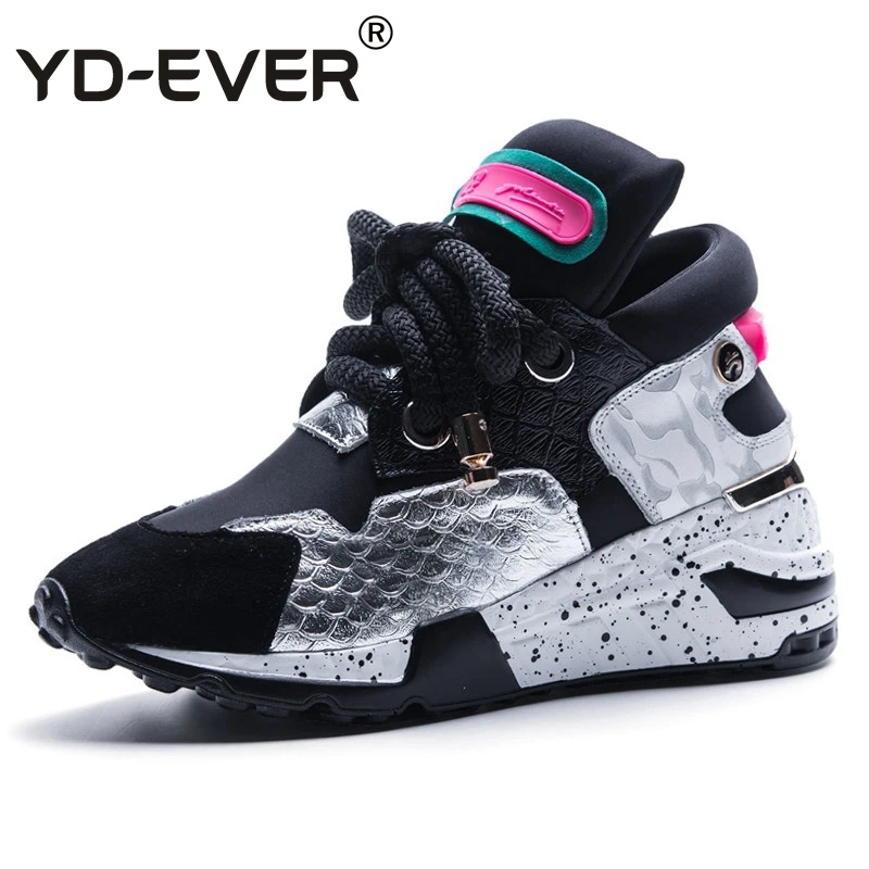 

YD-EVER Women Laces Sneakers Horsehair Genuine Leather Flat Sneakers Lace Up Woman Casual Shoes Big Size