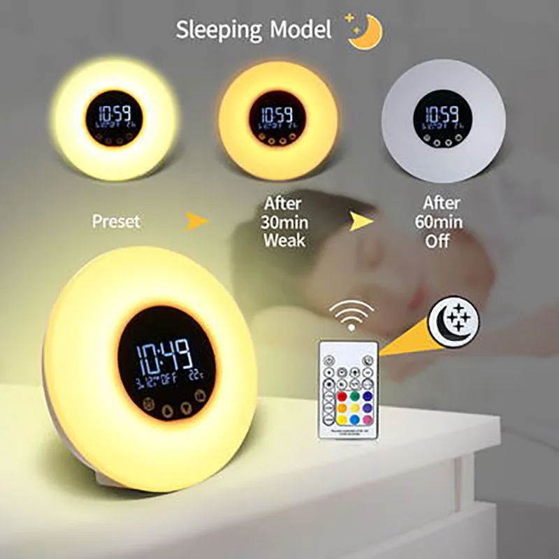Relógio com Rádio Wake Light Alarm Clock Sunrise - Sunset Simulação Toque Controldigital 7 Cores Sons Luz fm Função up 7 Cheap Luzes noturnas