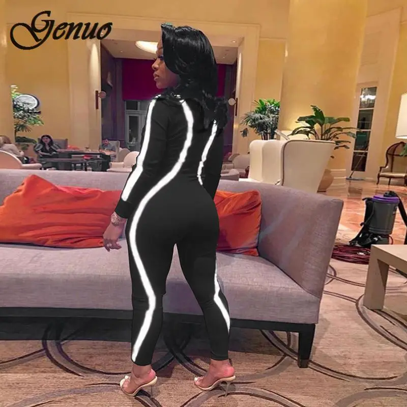 Genuo New women skinny jumpsuit Reflective striped patchwork fitness bodysuit 2019 new female casual work out playsuit rompers Genuo New women skinny jumpsuit Reflective striped patchwork fitness bodysuit 2019 new female casual work out playsuit rompers