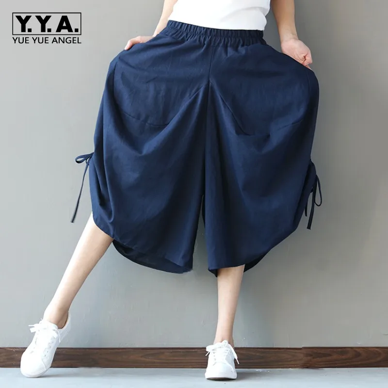 Summer Fashion Ethnic Solid Color Baggy Cotton Linen Trousers For Women Capris Loose Large Size Casual Lace Up Wide Leg Pants Summer Fashion Ethnic Solid Color Baggy Cotton Linen Trousers For Women Capris Loose Large Size Casual Lace Up Wide Leg Pants