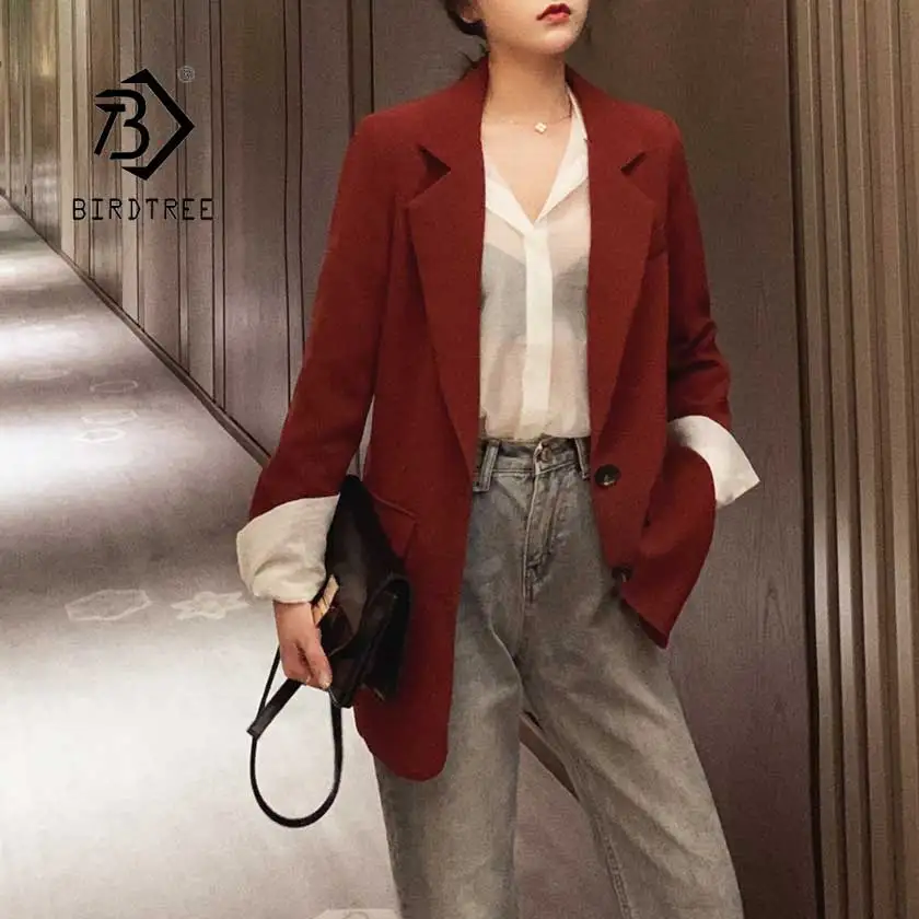 

Spring Women's Chic Top Red Blazer Jacket Full Sleeve Single Breasted Notched Female Lady Loose Streetwear Coat Hot Sale C96117Z