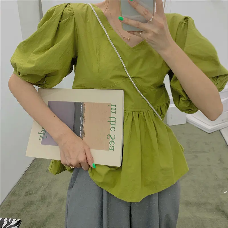 

Alien Kitty Chic Loose Bare Back Girls Sweet Holiday Summer V-Neck Fresh 2019 Fashion Casual Puff Sleeves Female Ruffles Shirt
