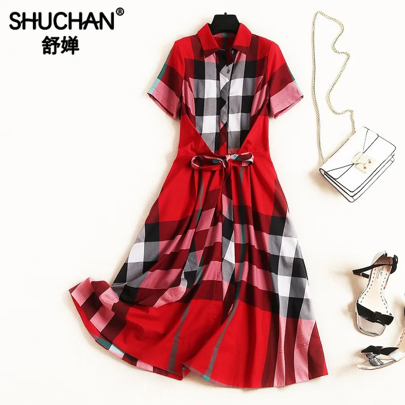 

Shuchan Plaid Vintage Dress Cotton Blend A-Line Designer Women Dresses 2019 High Quality New Arrivals Women Clothing 51408