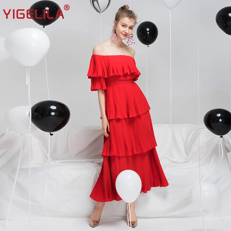 Женское плиссированное платье YIGELILA Красное длинное с вырезом лодочкой открытыми