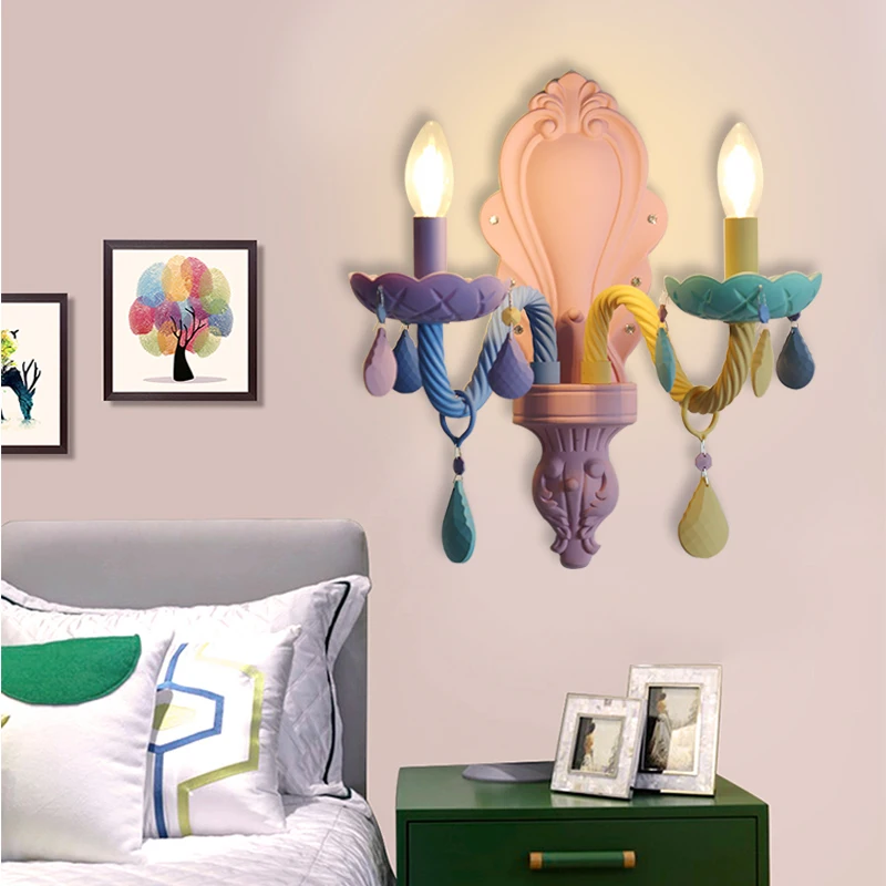 

Nordic Lovely Princess Decoration Children Room Wall Lamp Led Macarons Girl Playground Colorful E14 Sconces With Crystal Pendant