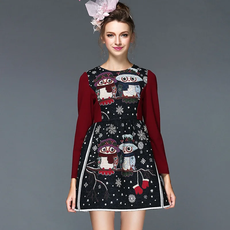 OWL Pattern Embroidery Knit Mini Dress Women Long Sleeve A Line Winter